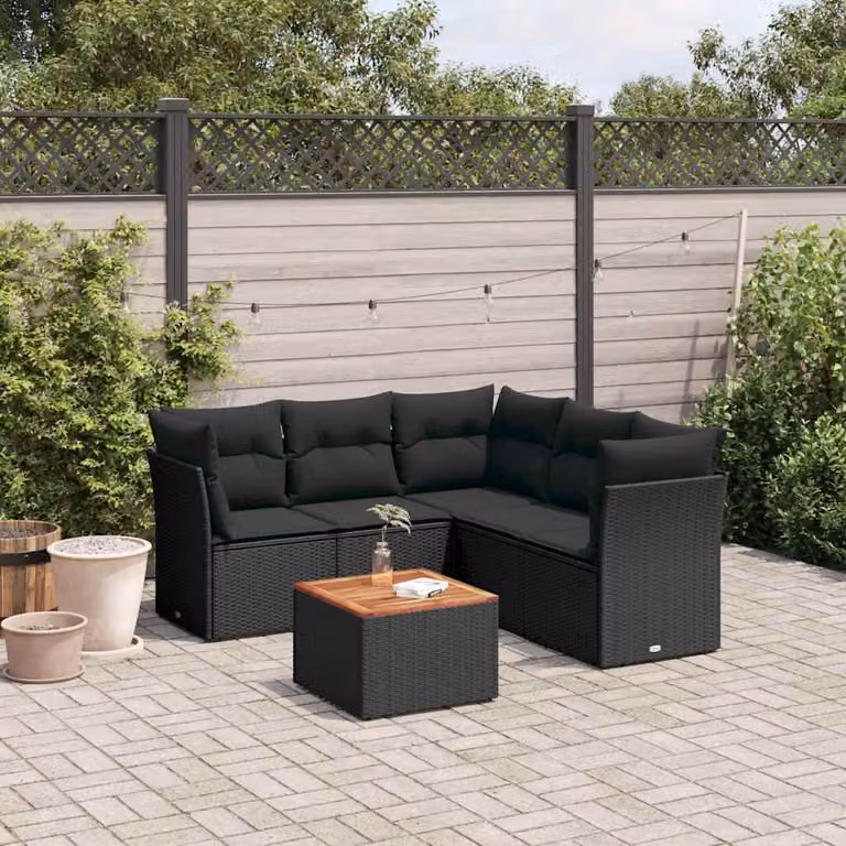 vidaXL Set Divano da Giardino a L in Polyrattan Nero con Cuscini e Tavolino da Esterno 6 pz