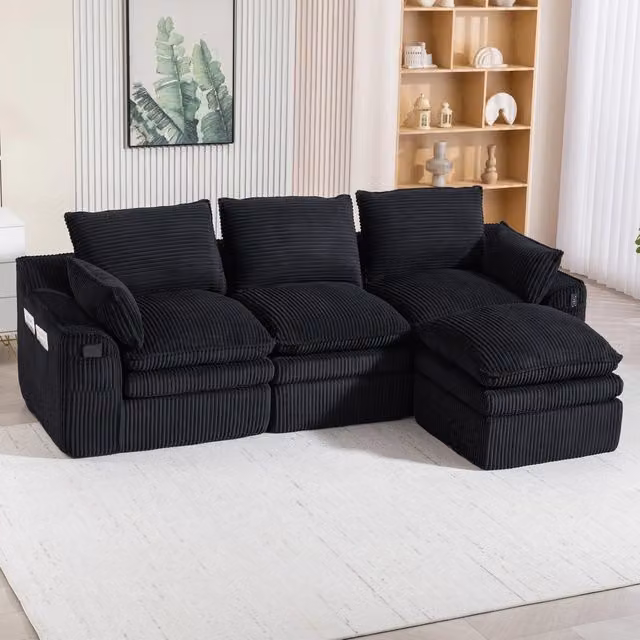 Divano modulare a 3 posti Mivray in velluto a coste nero con pouf e cuscini coordinati per soggiorno o ufficio