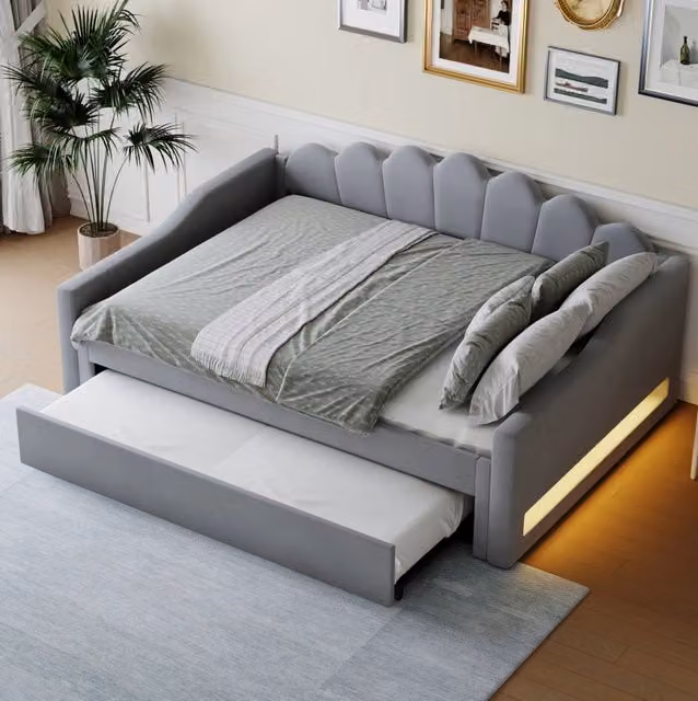 Letto da giorno imbottito 140x200 cm con letto estraibile e LED; grigio