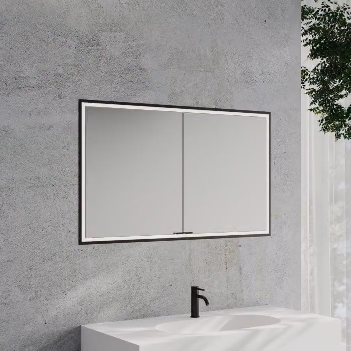 Specchio da bagno a muro modello Kronenbach Cube 2.0, dimensioni 120 cm, da incasso, con 2 ante