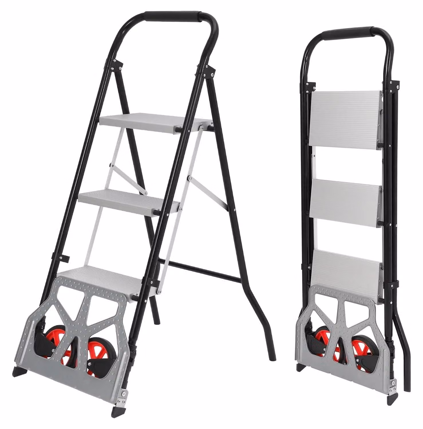 Carrello a mano e scala a pioli, in alluminio leggero, struttura pieghevole compatta, 3 gradini