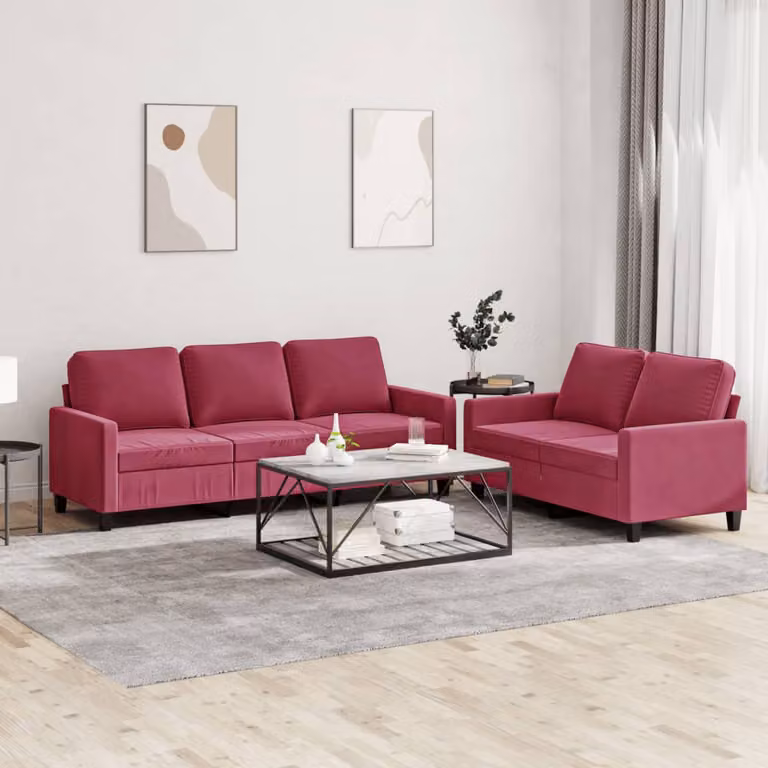 Set di divani vidaXL composto da un divano a 2 posti e uno a 3 posti in velluto rosso con cuscini coordinati per il tuo soggiorno