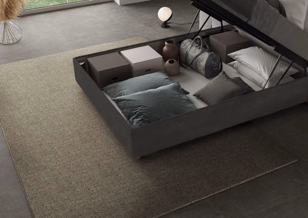 Letto matrimoniale francese con contenitore imbottito BS COM in microfibra grigio L/P: 140 x 190 cm – 2
