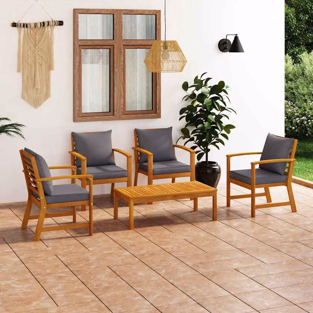 Set di Divani da Giardino vidaXL 5 Pezzi in Legno di Acacia con Cuscini Grigi e Tavolino da Esterno – 1