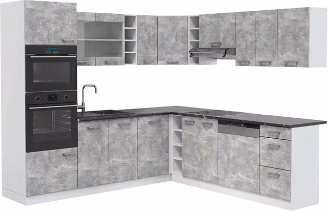 Cucina angolare moderna R-Line Vicco in bianco e calcestruzzo con piano antracite