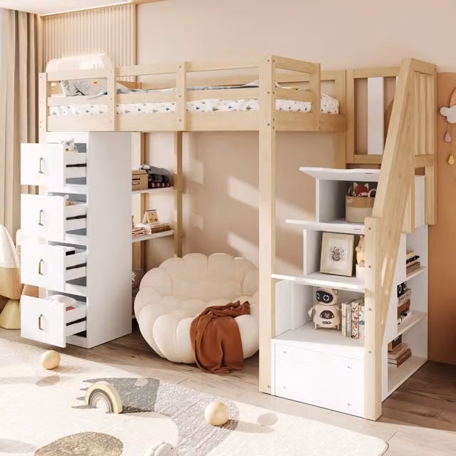 Letto a soppalco in legno massello con cassetti e scala contenitore, 90x200 cm, legno