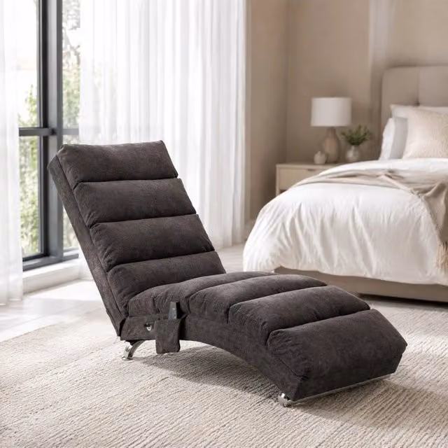 Chaise longue relax MODFU con vibrazione e schienale ergonomico, rivestimento in lino grigio scuro, L/P/H: 148 x 55 x 84 cm – 1