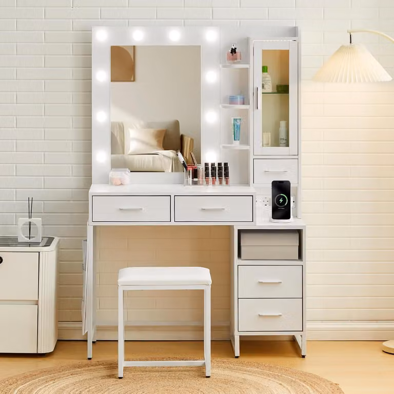 Comò da trucco con illuminazione e specchio, 100 cm, bianco, 5 cassetti, set con sgabello