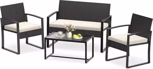 Set mobili da giardino a 4 pezzi con piano in vetro temperato, Set da conversazione in rattan con 1 divano 2 posti Beige
