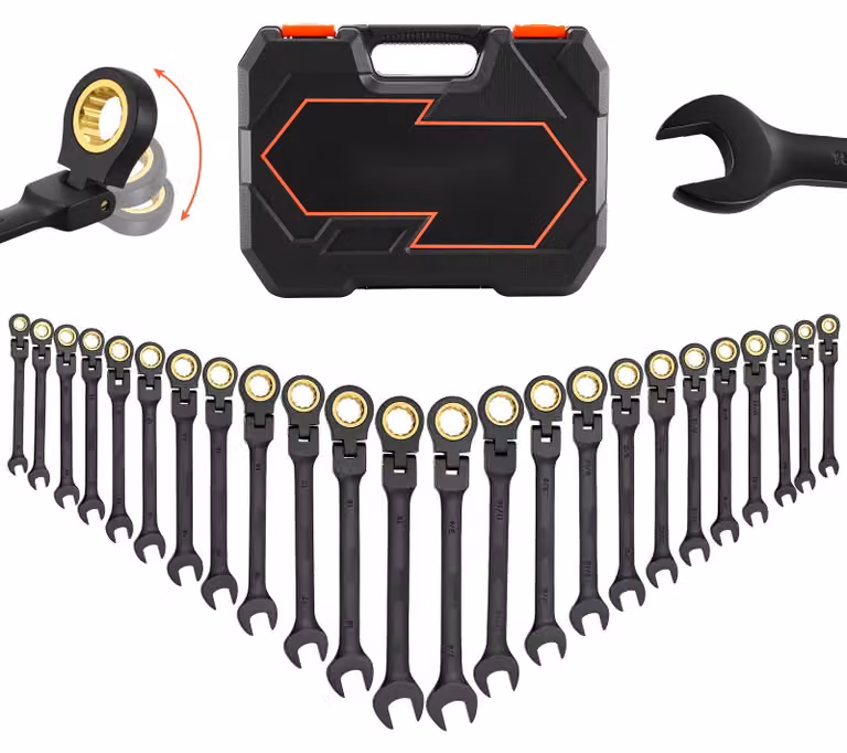 Set di chiavi a cricchetto e chiavi ad anello a cricchetto - 24 pezzi - Metriche e SAE - Con 72 denti - Testa flessibile - Acciaio Cr-V - Con valigetta di conservazione - Per uso domestico e automobilistico