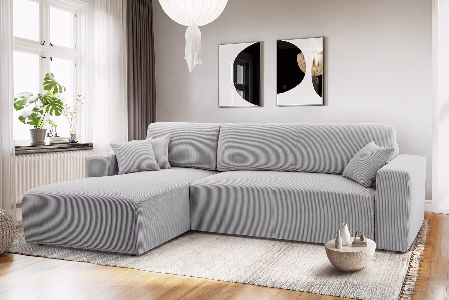 AX LIVING Catea divano letto angolare con rete L - Divano angolare grigio chiaro 279 cm