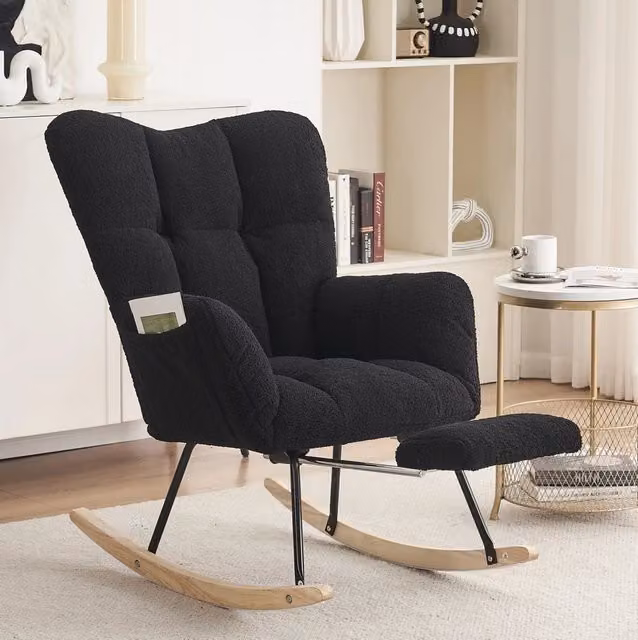 Poltrona a dondolo 80x98x98,5 cm nera con poggiapiedi pieghevole, tessuto peluche