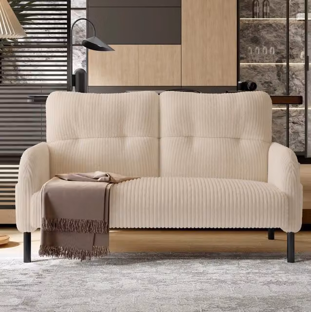 Divano 2 posti 120x75x79 cm in cord beige con tasche laterali, per salotto piccolo