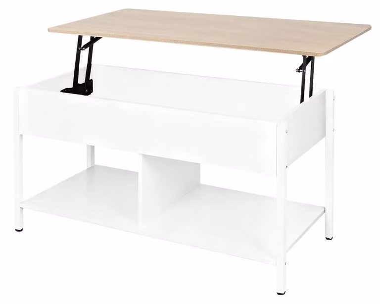 Tavolino da salotto con piano sollevabile - Design rettangolare in legno - Spazio di stoccaggio nascosto - Ripiani aperti - Cassetti - Adatto per soggiorno/ufficio - Bianco