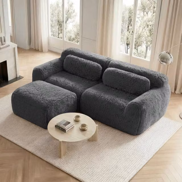 Divano modulare a L 204x179x73 cm in tessuto felpato grigio, senza montaggio –