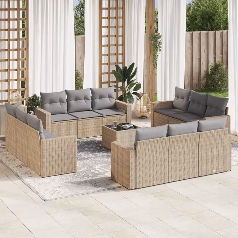 Set Divano da Giardino vidaXL 13 pz a Forma a L con Cuscini Beige e Tavolino da Esterno in Polyrattan e Acciaio