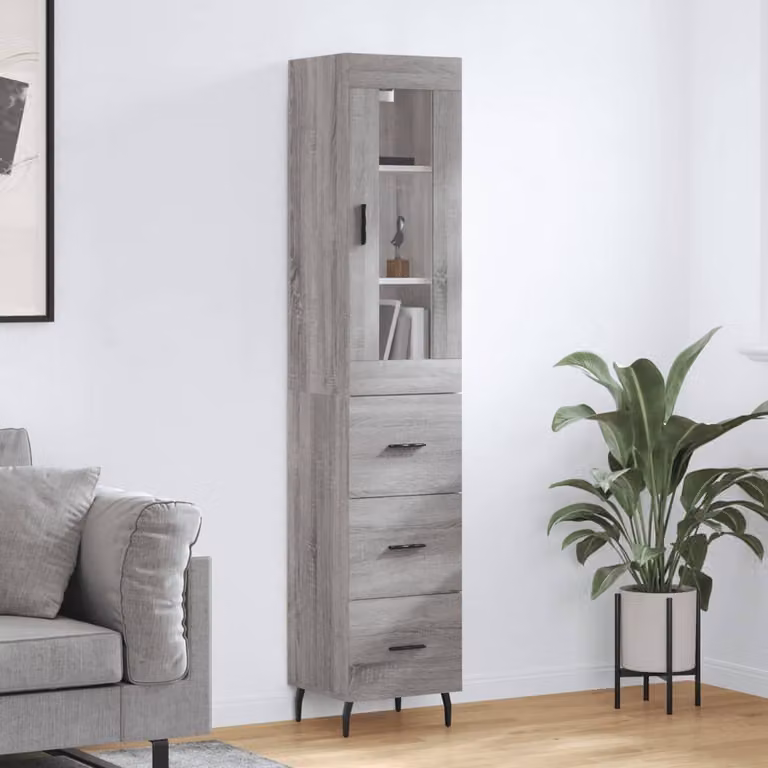 Credenza moderna vidaXL in legno multistrato e metallo, colore Grigio Sonoma, L/P/H: 34,5 x 34 x 180 cm