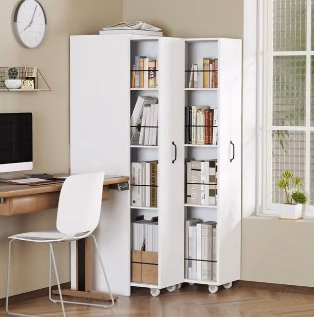 Libreria estensibile su ruote; 4 ripiani per modulo; MDF; bianco