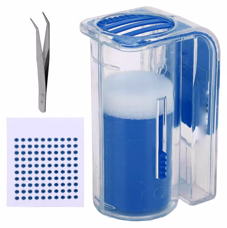 Kit per la marcatura delle api regine, completo di flacone, etichette e pinzette, colore blu