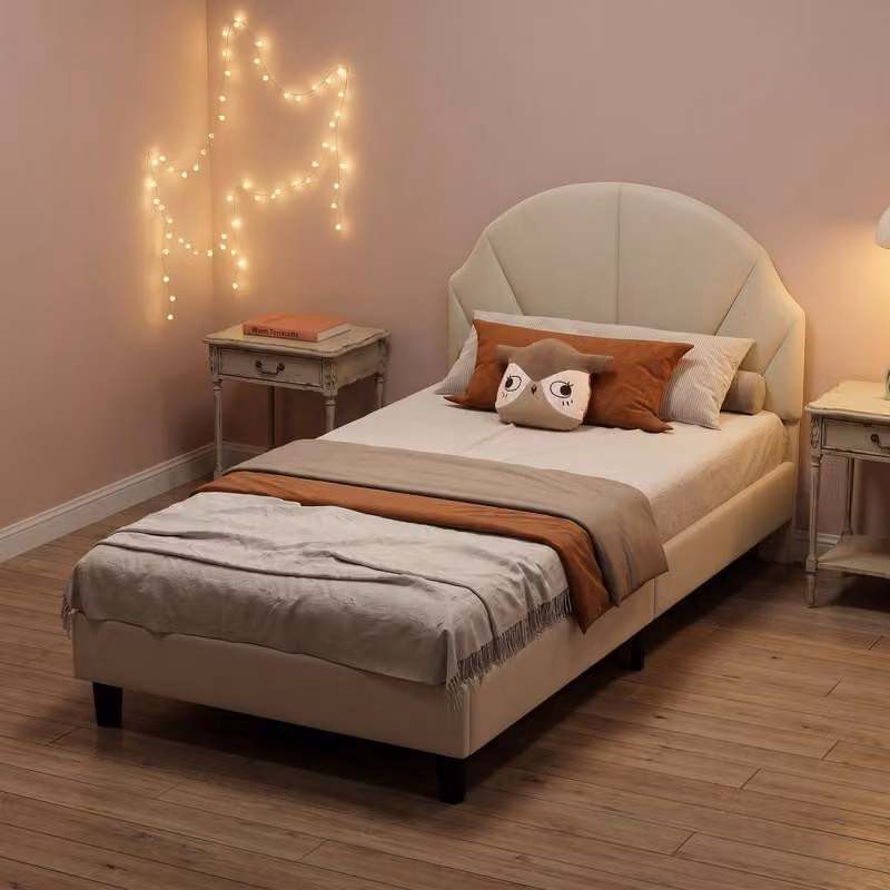 ProximaX Accogliente lettino 90x200 cm con morbido rivestimento in velluto, color beige, per la cameretta dei bambini o dei ragazzi.