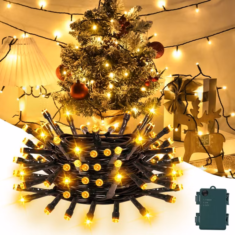 Catena luminosa da 5 metri, con 50 LED, luce bianco caldo, timer, grado di protezione IP65, cavo verde