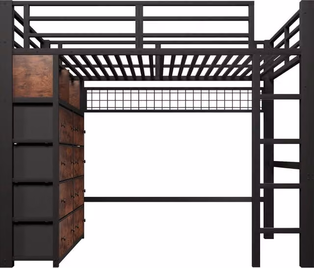 Letto a soppalco 140x200 cm in metallo nero con 8 cassetti, scaffali, parete forata e illuminazione LED