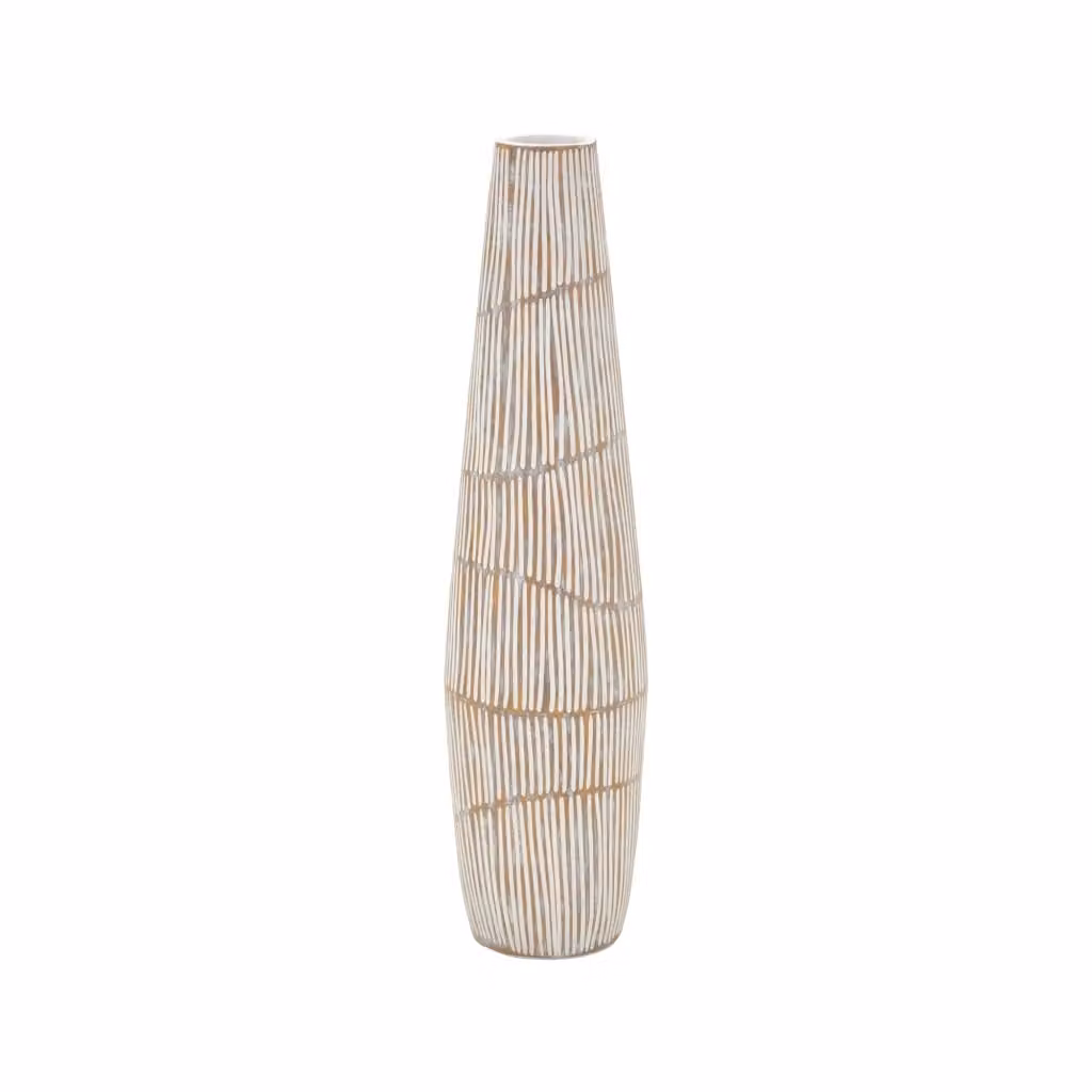 Vaso Dadalelo rotondo in ceramica e plastica, Colore Beige e Bianco Crema, H: 23 cm, L: 23 cm, P: 23 cm – 2