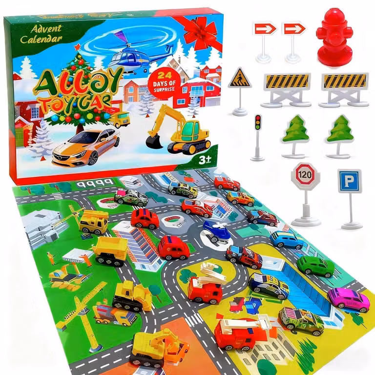 Calendario dell'Avvento per bambini, con 24 sorprese a tema auto giocattolo, ideale per l'anno 2026, include camion dei pompieri, auto da corsa e veicoli da costruzione, adatto a bambini dai 3 anni in su