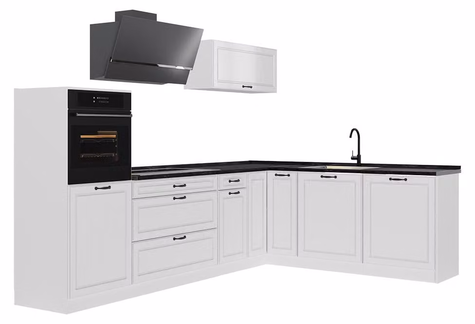 Cucina angolare completa Vicco R-Line Bianco country/Bianco 287 x cm senza piano di lavoro, Model 68217