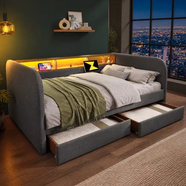 Desviae Struttura letto 140 × 190 cm con LED USB e USB-C due cassetti e vano testiera in lino grigio rete a doghe