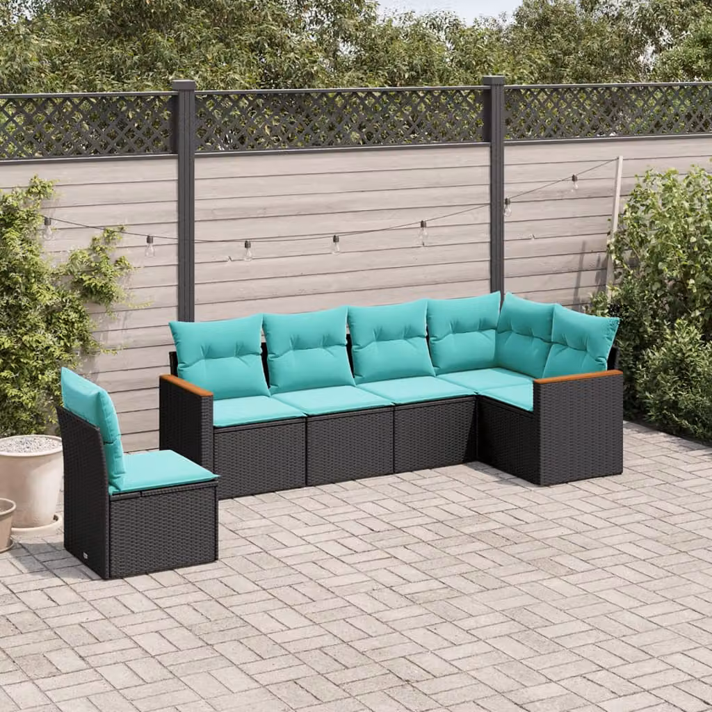 Set di divani da giardino vidaXL 6 pz a forma di L in rattan con cuscini, struttura in acciaio e tessuto resistente ai raggi UV, colore nero