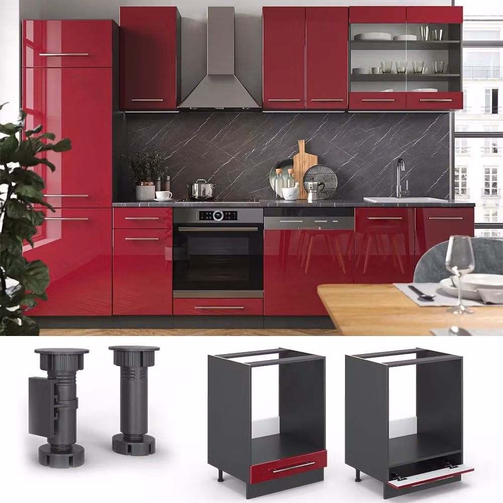 Mobile per forno da incasso Vicco Fame-Line Bordeaux lucido e Antracite, larghezza 60 cm – 2