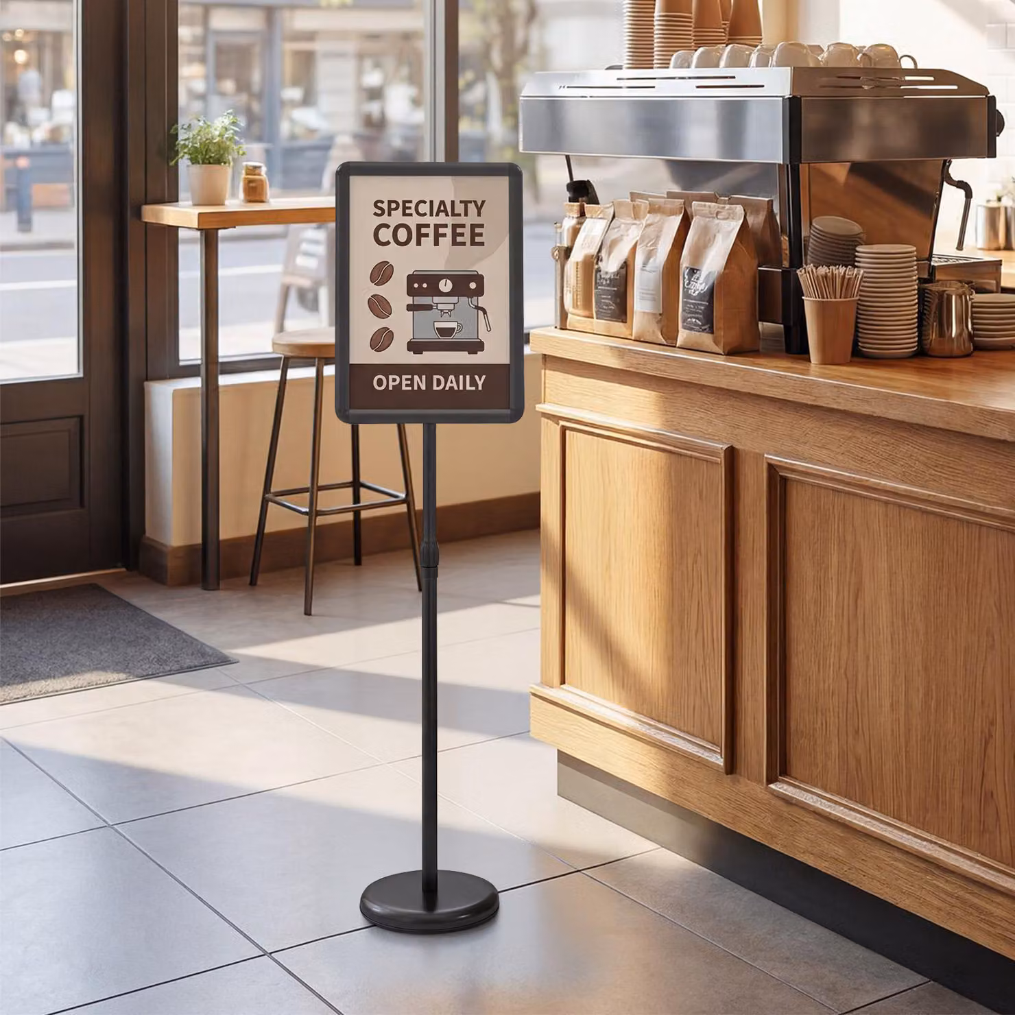 Set di 2 Espositori A4 da terra Costway in metallo nero regolabili con base riempibile per menù e poster, ideale per ristorante o ufficio, Altezza: 87-137 cm