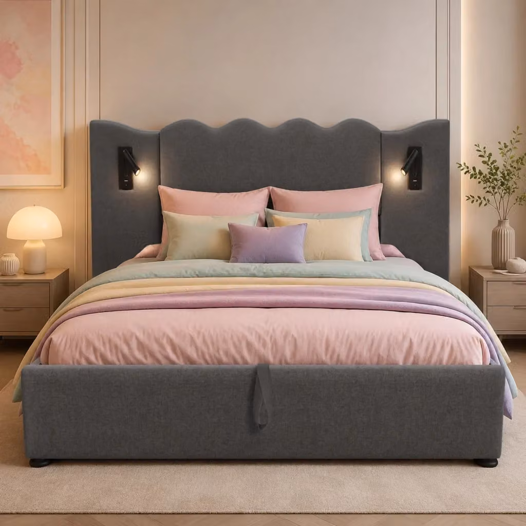 Letto matrimoniale MODFU in tessuto grigio con contenitore a sollevamento, lampada da lettura integrata e porta di ricarica USB, L/P: 160 x 200 cm – 2