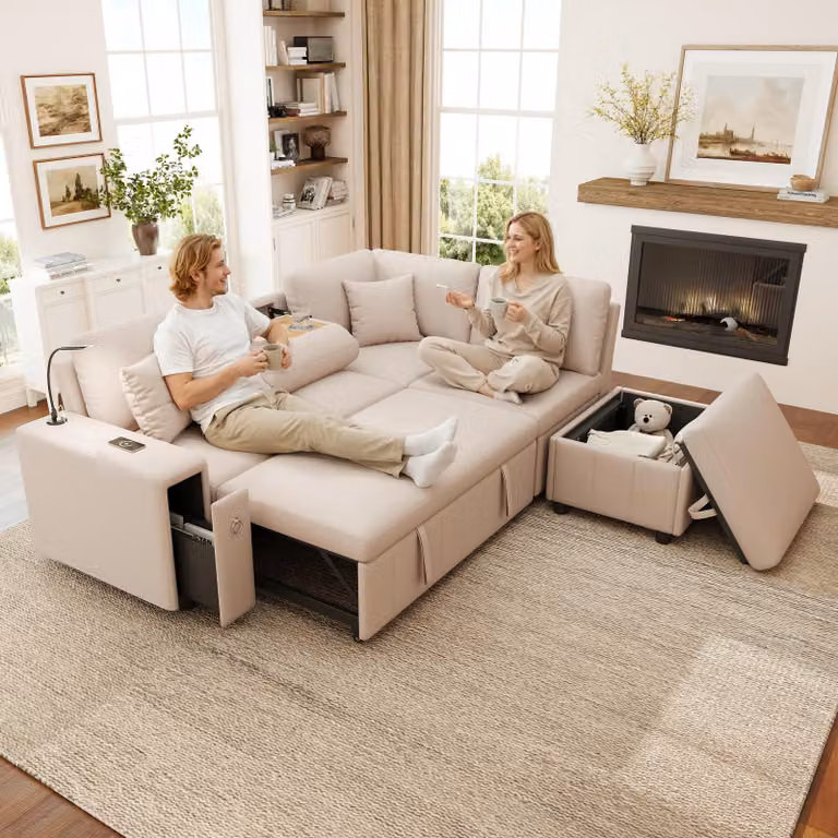 Divano letto a L Merax, divano angolare estraibile con funzione letto, pouf, tavolino ribaltabile, porte USB e Type-C, luce di lettura, beige
