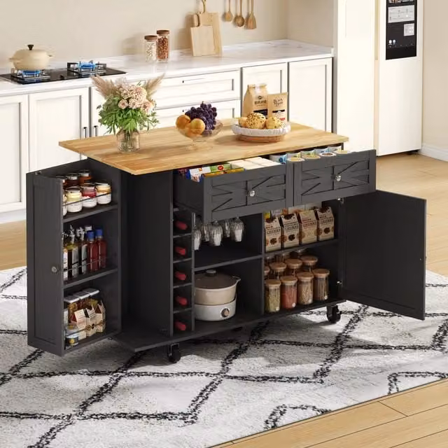 Isola cucina nera con piano ribaltabile in MDF e melammina; 5 ruote bloccabili; 120 x 45(70) x 89 cm
