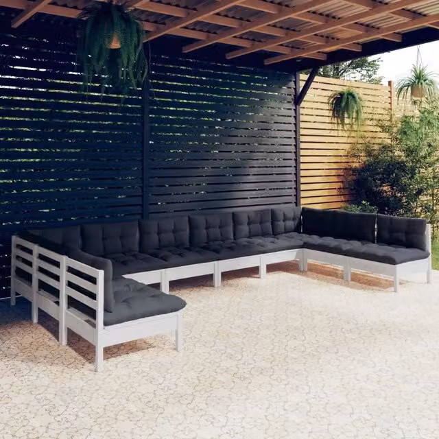 Set Divani da Giardino 10 pz con Cuscini Bianchi Legno di Pino 3097188
