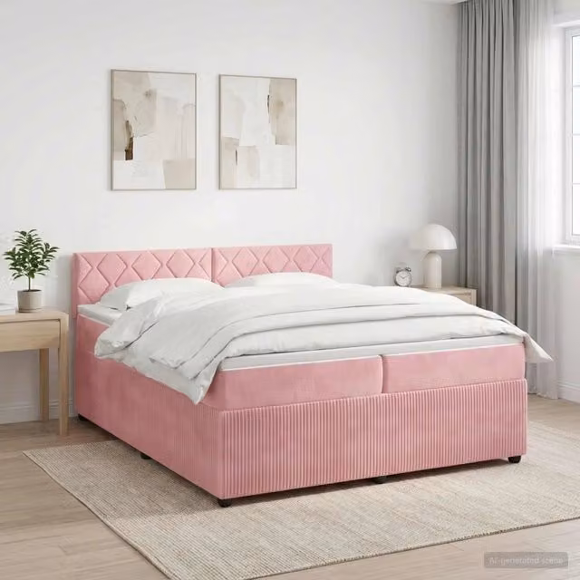 Letto box spring con materasso ibrido vidaXL in velluto rosa e bianco L/P: 200 x 200 cm – 1