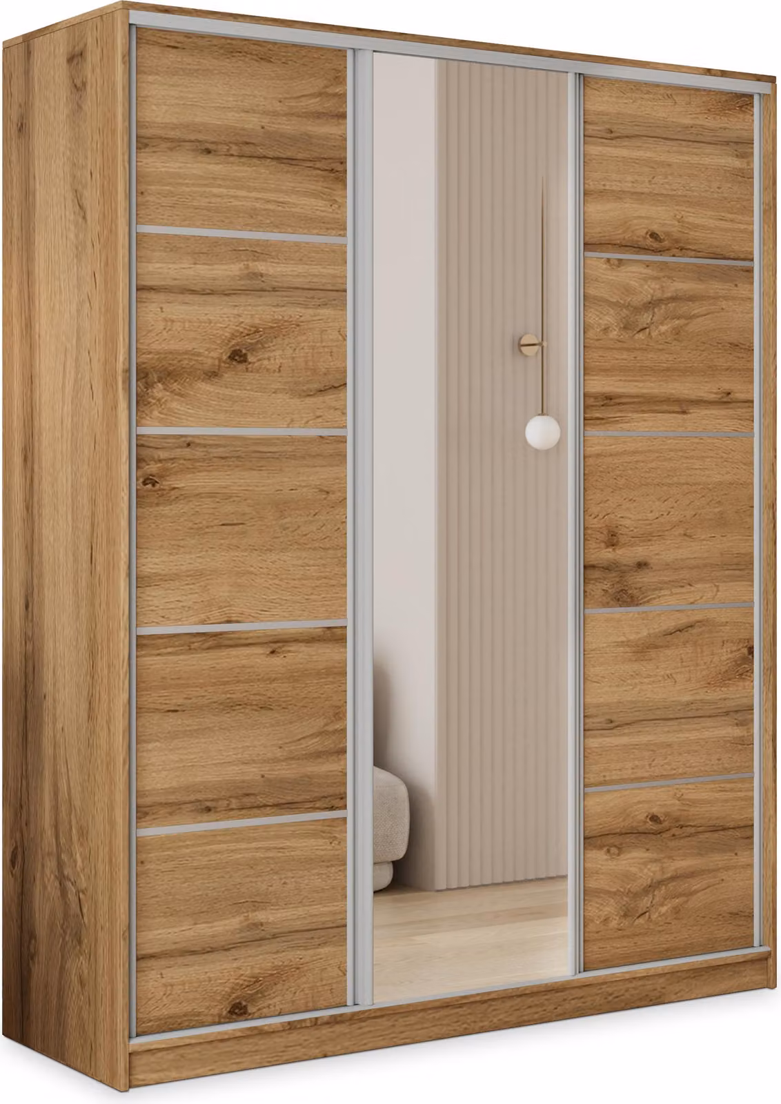 Masseno Armadio a porte scorrevoli PINA 150/205/58 cm Armadio con 4 cassetti Armadio da camera da letto a 3 ante con specchio Rovere Wotan