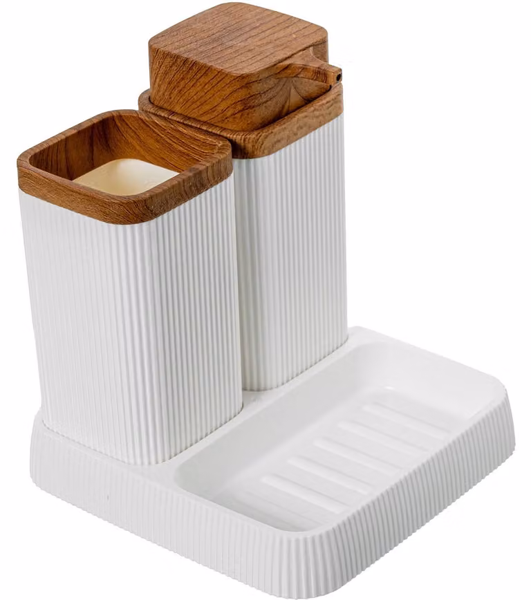 Set da bagno in acrilico, bianco e color legno, composto da dispenser, bicchiere e portasapone, dimensioni 15 x 15 x 16 cm