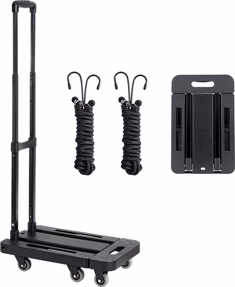 SucceBuy Carrello portasacchi pieghevole, capacità di carico 227 kg, carrello da trasporto con 6 ruote, 2 cinghie elastiche e base estensibile, ideale per aeroporti, bagagli, traslochi in ufficio, nero, 560x305x1010 mm