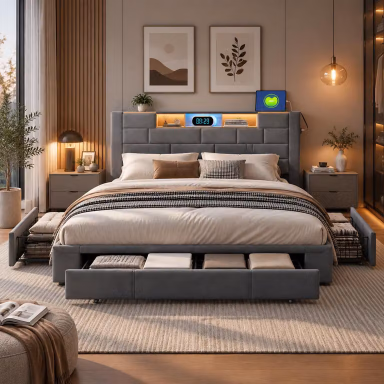 Letto imbottito INONEFT, 160x200 cm, con illuminazione LED e prese USB, letto matrimoniale per ragazzi con 3 cassetti, struttura letto con rete a doghe, tessuto velluto grigio