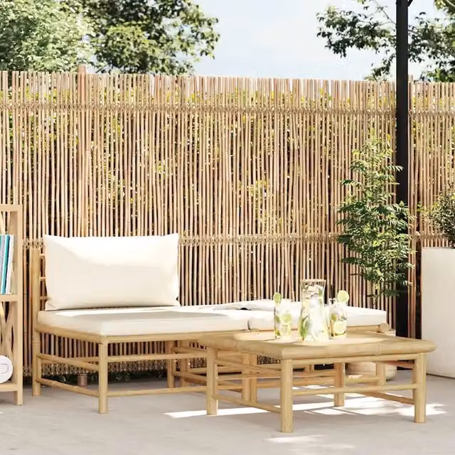 Salotto da Giardino-Set Divani da Giardino 3 pz con Cuscini Bianco Crema in Bamb¨´