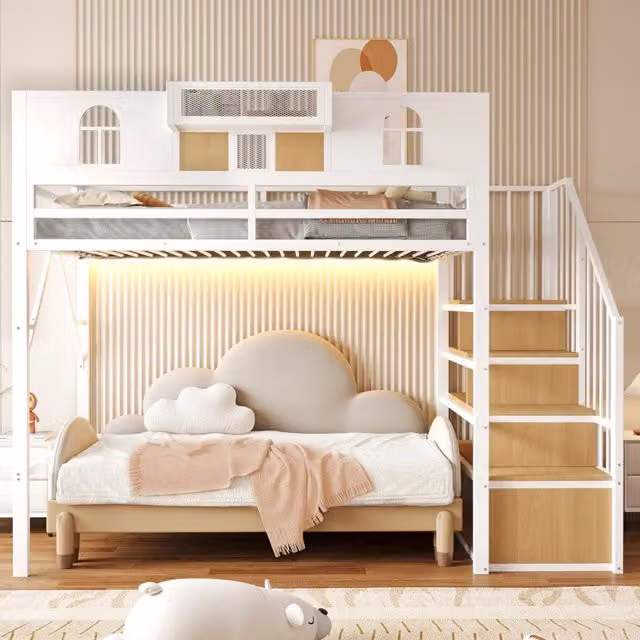 Letto a soppalco 90x200 cm con scala contenitore; finestra decorativa; mensola e LED; struttura in metallo bianco e legno
