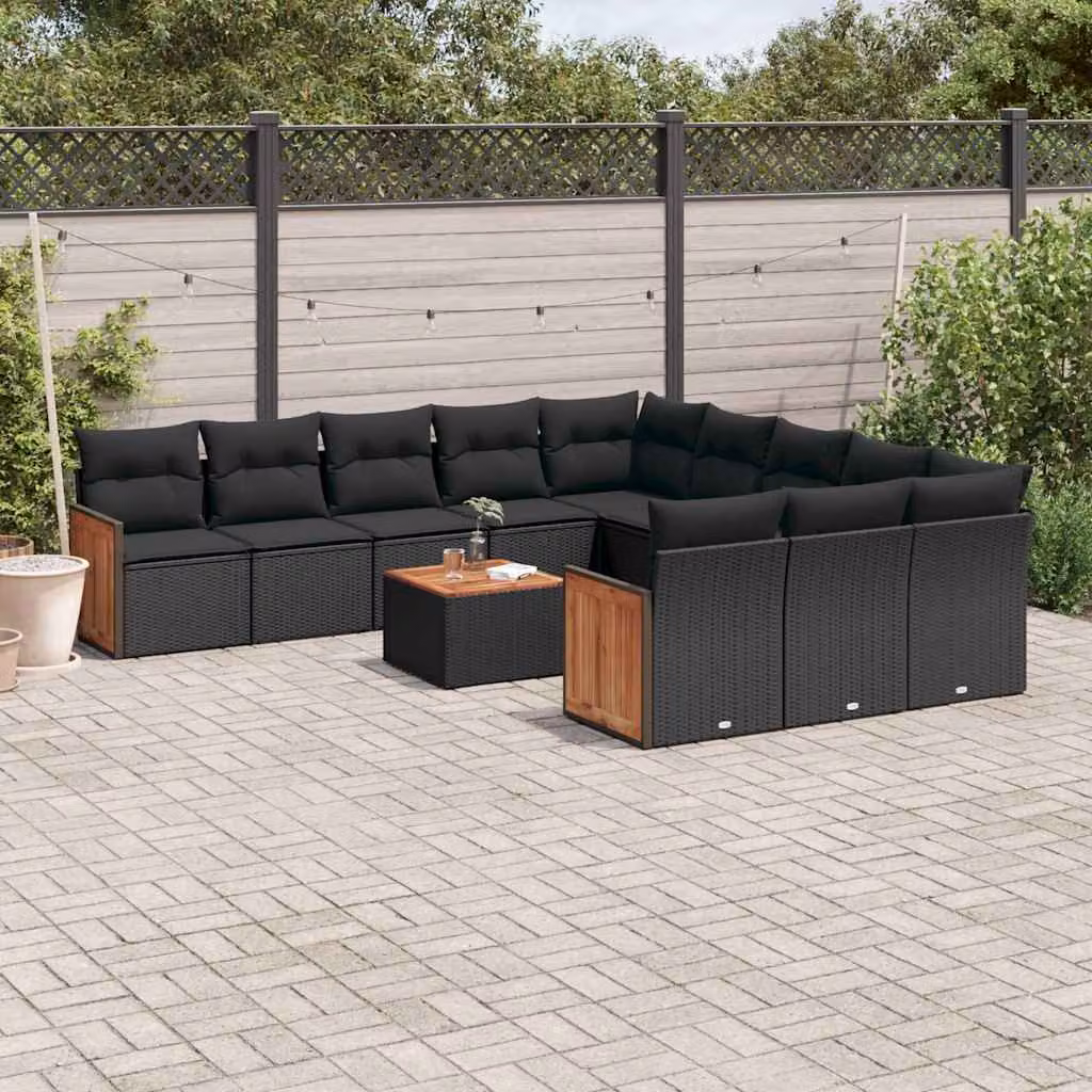 vidaXL Set Divani da Giardino 12 pz con Cuscini e Tavolino da Caffè Nero in Polyrattan e Legno di Acacia – 1