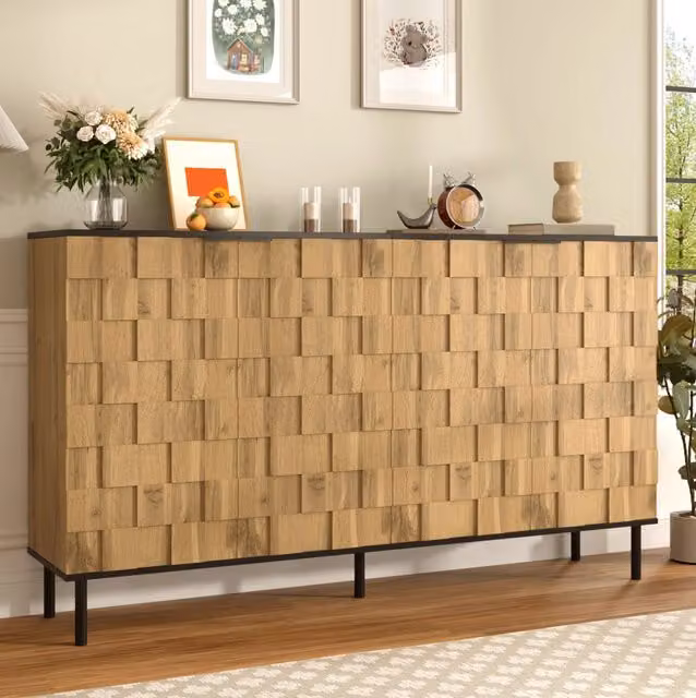 Mobile Mosaico Naturale con 2 Porte in Truciolato e Piedini in Metallo, 160x35x80,5 cm, per Soggiorno e Ingresso
