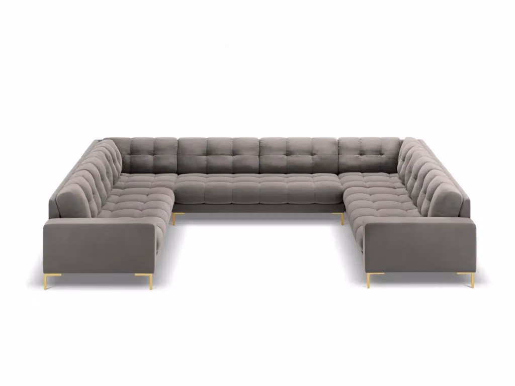Divano panoramico Bali Cosmopolitan Design a 9 posti in velluto grigio chiaro con dettagli oro e struttura in metallo L: 327 cm, P: 159 cm, H: 75 cm – 2