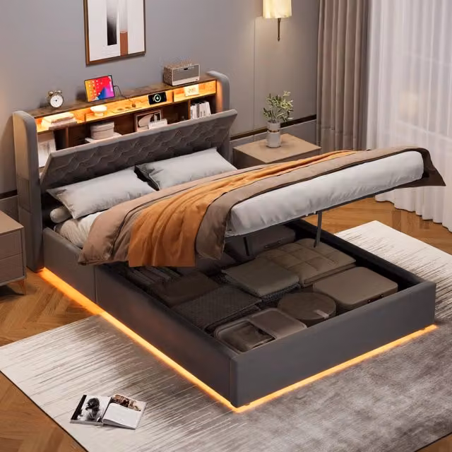 Desviae Letto imbottito 140 × 190 cm con contenitore e ripiano in velluto holland grigio con led e porte usb