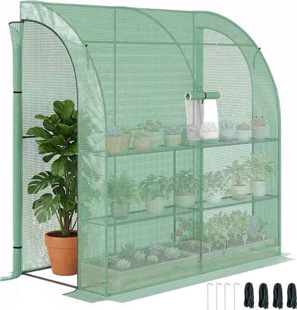 Outsunny Serra Addossata a 3 Livelli con Porte e Finestre Avvolgibili in PE e Acciaio, Verde, L 200 cm x P 100 cm x H 215 cm