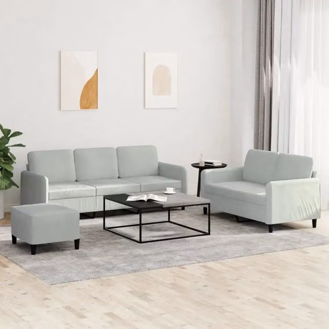 Set di divani 3 pezzi vidaXL in velluto grigio con pouf e cuscini per soggiorno moderno – 1